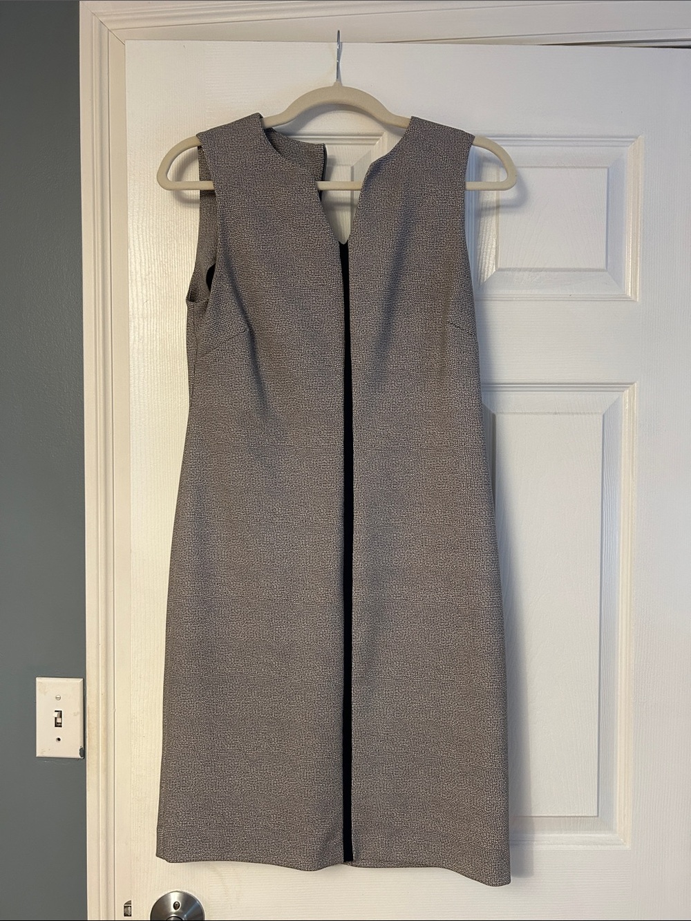 Margaret M Grey Sleeveless Midi Dress with Black Center Trim